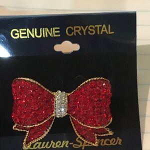 New red crystal rhinestone bow pin Christmas holiday